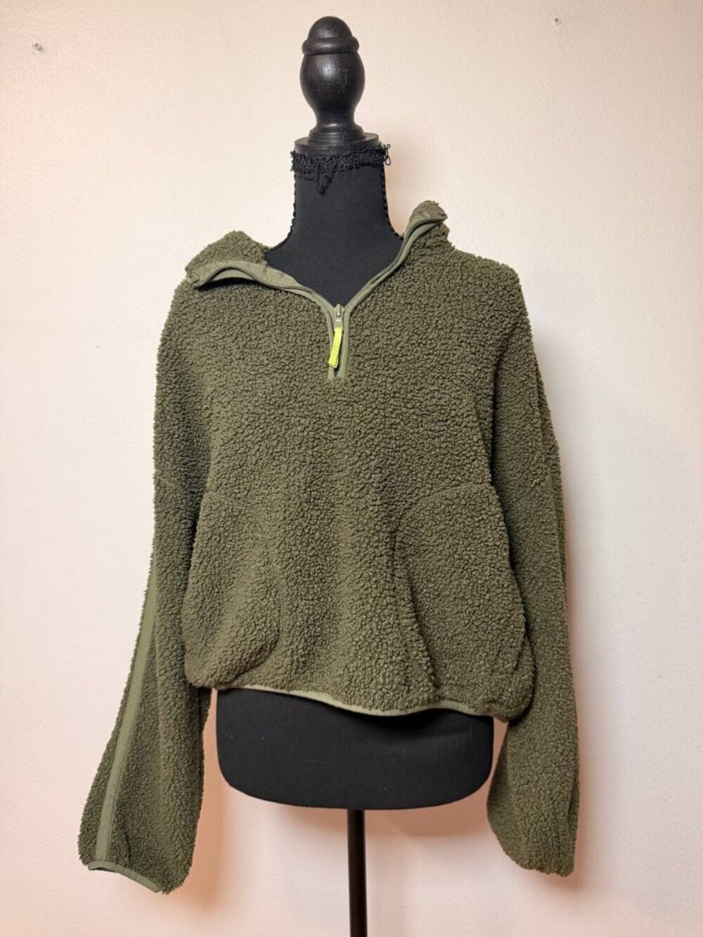 Olive Green Sherpa Half-Zip Pullover Cozy Teddy Fleece Jacket Medium